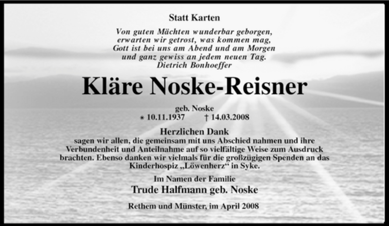  Traueranzeige für Kläre Noske-Reisner vom 12.04.2008 aus KREISZEITUNG SYKE