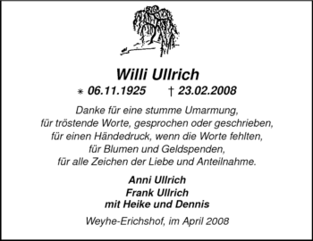 Traueranzeige von Willi Ullrich von KREISZEITUNG SYKE