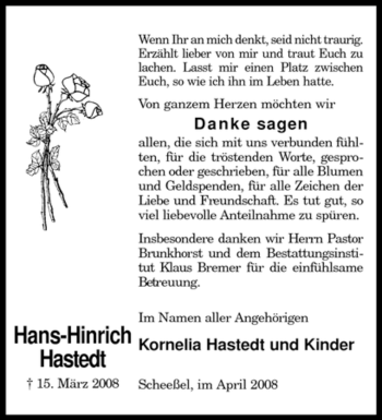 Traueranzeige von Hans-Hinrich Hastedt von KREISZEITUNG SYKE