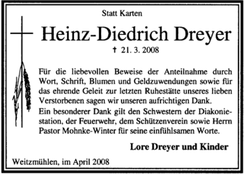 Traueranzeige von Heinz-Diedrich Dreyer von KREISZEITUNG SYKE