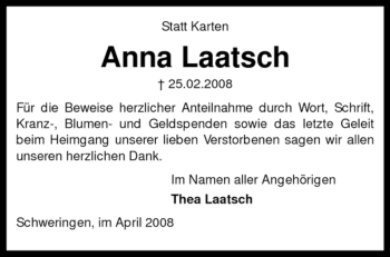 Traueranzeige von Anna Laatsch von KREISZEITUNG SYKE