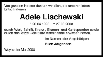 Traueranzeige von Adele Lischewski von KREISZEITUNG SYKE