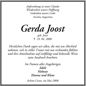 Traueranzeige von Gerda Joost von KREISZEITUNG SYKE