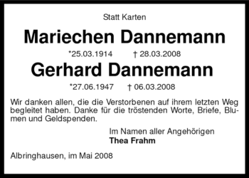 Traueranzeige von Mariechen Dannemann von KREISZEITUNG SYKE