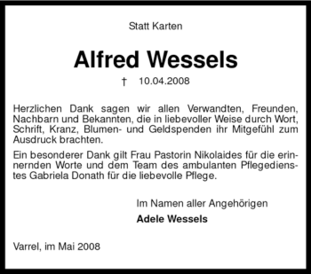 Traueranzeige von Alfred Wessels von KREISZEITUNG SYKE