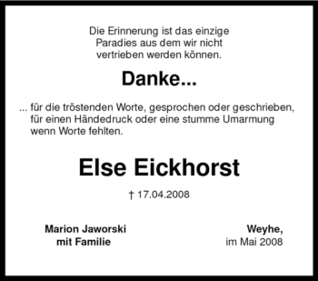 Traueranzeige von Else Eickhorst von KREISZEITUNG SYKE