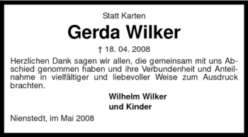 Traueranzeige von Gerda Wilker von KREISZEITUNG SYKE