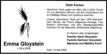 Traueranzeige von Emma Gloystein von KREISZEITUNG SYKE