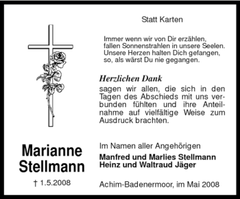 Traueranzeige von Marianne Stellmann von KREISZEITUNG SYKE