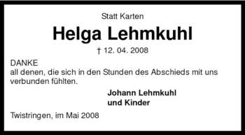 Traueranzeige von Helga Lehmkuhl von KREISZEITUNG SYKE