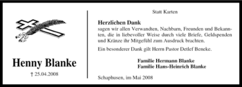 Traueranzeige von Henny Blanke von KREISZEITUNG SYKE