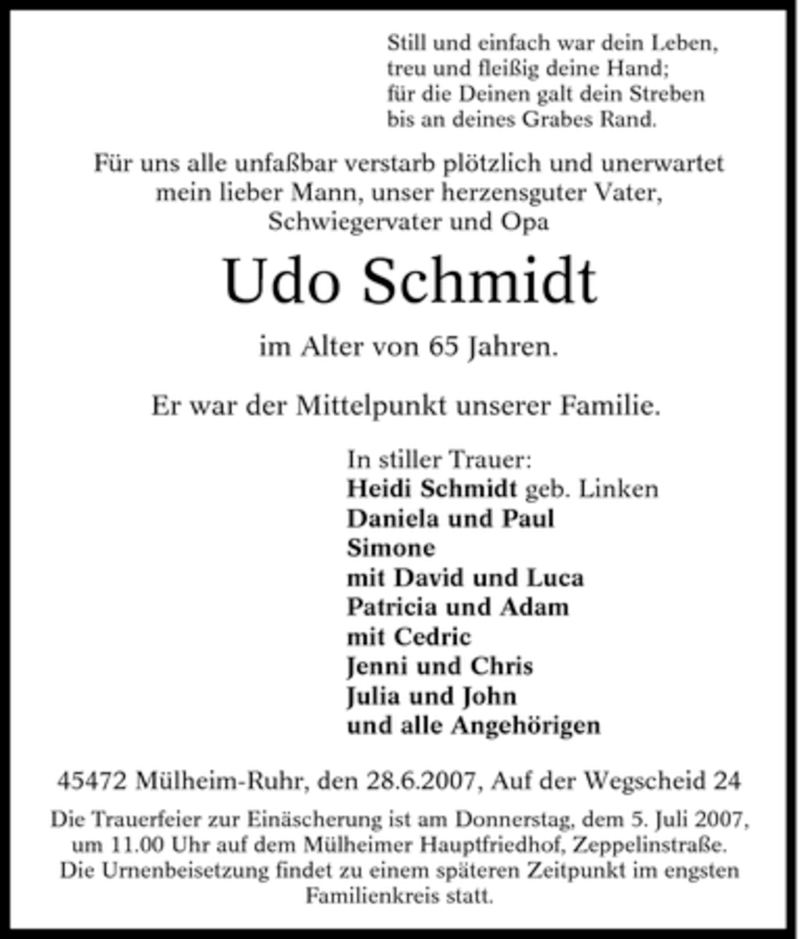  Traueranzeige für Udo Schmidt vom 03.07.2007 aus 