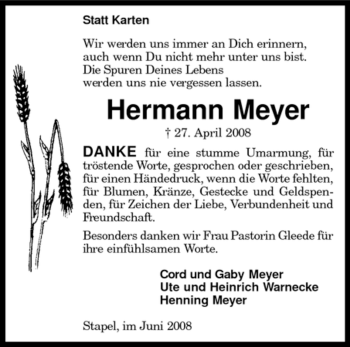 Traueranzeige von Hermann Meyer von KREISZEITUNG SYKE