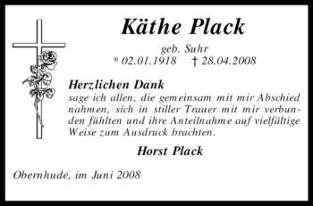 Traueranzeige von Käthe Plack von KREISZEITUNG SYKE