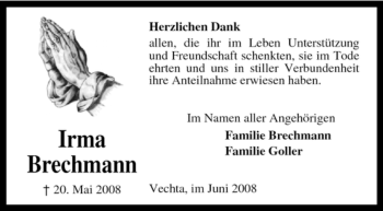 Traueranzeige von Irma Brechmann von KREISZEITUNG SYKE