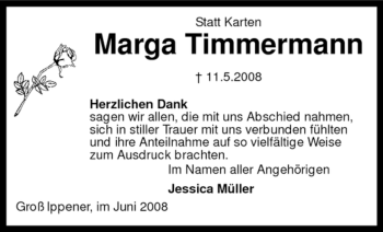 Traueranzeige von Marga Timmermann von KREISZEITUNG SYKE