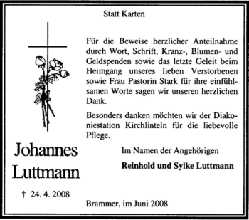 Traueranzeige von Johannes Luttmann von KREISZEITUNG SYKE