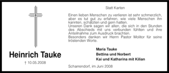 Traueranzeige von Heinrich Tauke von KREISZEITUNG SYKE