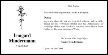 Traueranzeige von Irmgard Mindermann von KREISZEITUNG SYKE