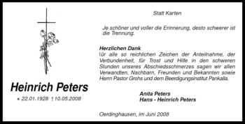 Traueranzeige von Heinrich Peters von KREISZEITUNG SYKE