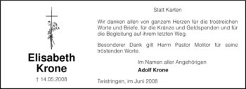 Traueranzeige von Elisabeth Krone von KREISZEITUNG SYKE