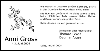 Traueranzeige von Anni Gross von KREISZEITUNG SYKE