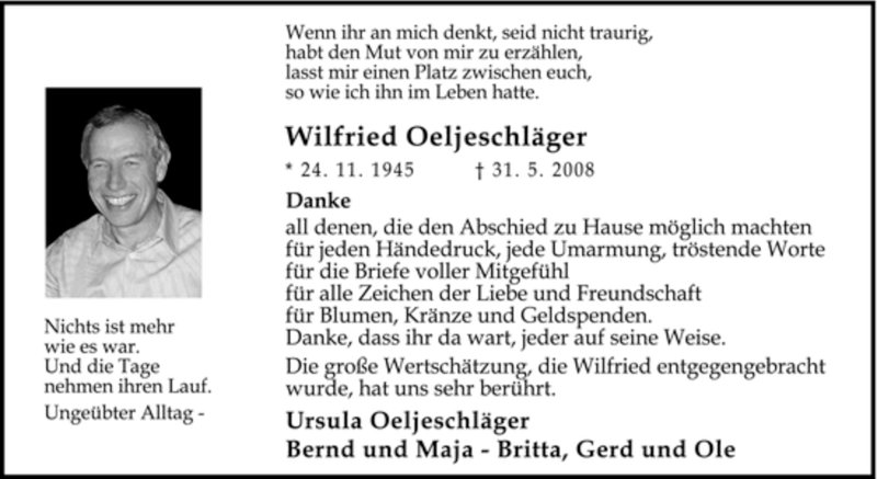  Traueranzeige für Wilfried Oeljeschläger vom 05.07.2008 aus KREISZEITUNG SYKE
