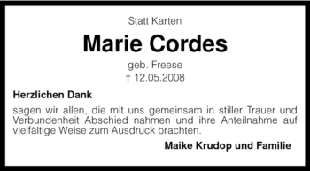 Traueranzeige von Marie Cordes von KREISZEITUNG SYKE