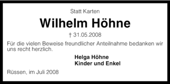 Traueranzeige von Wilhelm Höhne von KREISZEITUNG SYKE