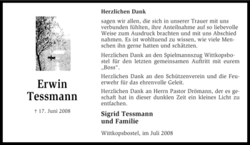 Traueranzeige von Erwin Tessmann von KREISZEITUNG SYKE