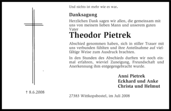 Traueranzeige von Theodor Pietrek von KREISZEITUNG SYKE