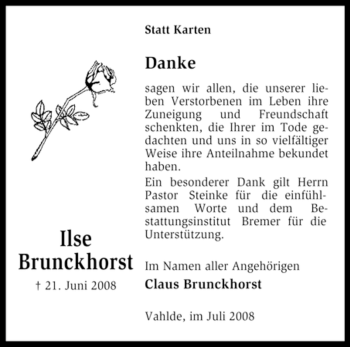 Traueranzeige von Ilse Brunckhorst von KREISZEITUNG SYKE