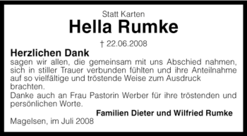 Traueranzeige von Hella Rumke von KREISZEITUNG SYKE