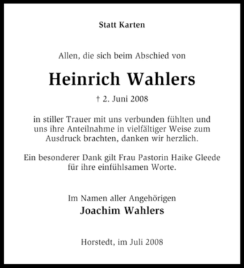 Traueranzeige von Heinrich Wahlers von KREISZEITUNG SYKE