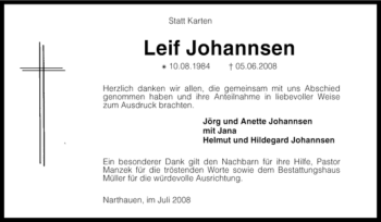 Traueranzeige von Leif Johannsen von KREISZEITUNG SYKE