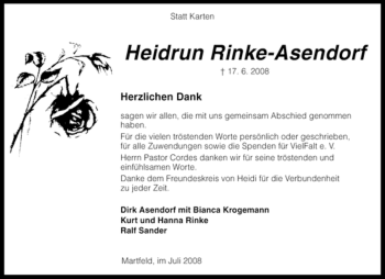 Traueranzeige von Heidrun Rinke-Asendorf von KREISZEITUNG SYKE