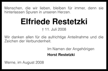 Traueranzeige von Elfriede Restetzki von KREISZEITUNG SYKE