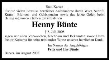 Traueranzeige von Henny Bünte von KREISZEITUNG SYKE