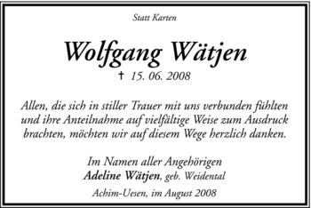 Traueranzeige von Wolfgang Wätjen von KREISZEITUNG SYKE