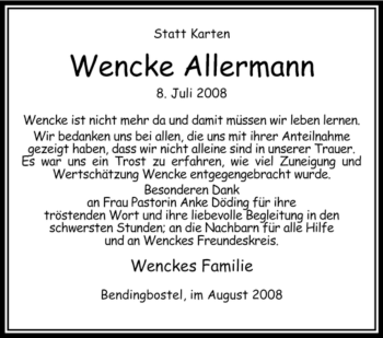 Traueranzeige von Wencke Allermann von KREISZEITUNG SYKE