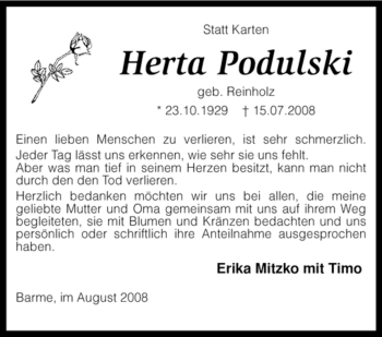 Traueranzeige von Herta Podulski von KREISZEITUNG SYKE