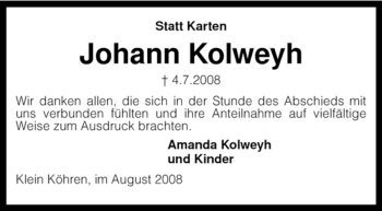 Traueranzeige von Johann Kolweyh von KREISZEITUNG SYKE