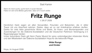 Traueranzeige von Fritz Runge von KREISZEITUNG SYKE
