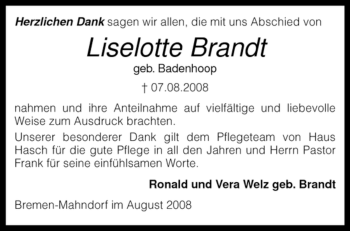 Traueranzeige von Liselotte Brandt von KREISZEITUNG SYKE
