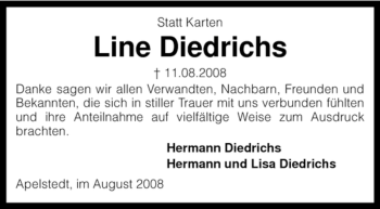 Traueranzeige von Line Diedrichs von KREISZEITUNG SYKE