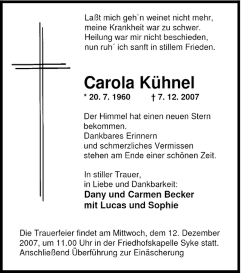  Traueranzeige für Carola Kühnel vom 11.12.2007 aus 