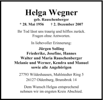 Traueranzeige von Helga Wegner 