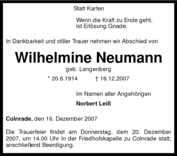 Traueranzeige von Wilhelmine Neumann von KREISZEITUNG SYKE