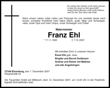 Traueranzeige von Franz Ehl von KREISZEITUNG SYKE