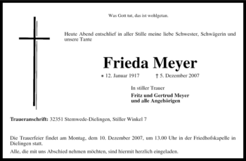 Traueranzeige von Frieda Meyer von KREISZEITUNG SYKE